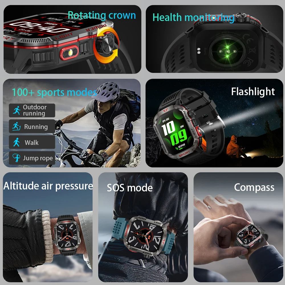 New For Huawei Xiaomi Military GPS Smart Watch Men Flashlight Compass Waterproof Outdoor Sport Tracker Bluetooth Call Smartwatch - Image 2