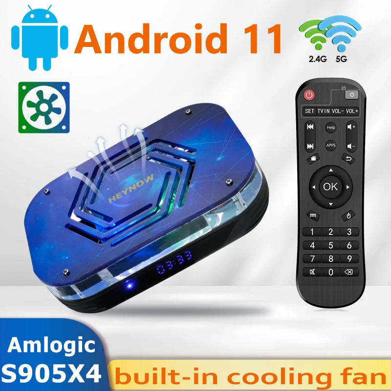 HEYNOW Android 11 TV BOX Amlogic S905X4 4K/8K 2.4G/5G WiFi Smart TV BOX 4GB 32GB Media Player Built-in Cooling Fan Set Top Box